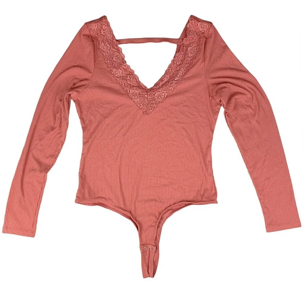$10 CLEARANCE! Coral Ribbed Lace Long Sleeve Thong Bodysuit - Picture 5 of 9